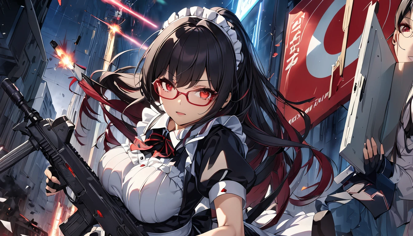 masterpiece、highest quality、Ultra-high resolution、Maximum resolution、Very detailed、Professional Lighting、anime、woman、thin、so beautiful、high school girl、Maid clothes、Has an assault rifle、Red Eye、Black Hair、long hair、Fingerless gloves、Red glasses、Alone on the battlefield、Holding a gun with both hands、Aim at the target、