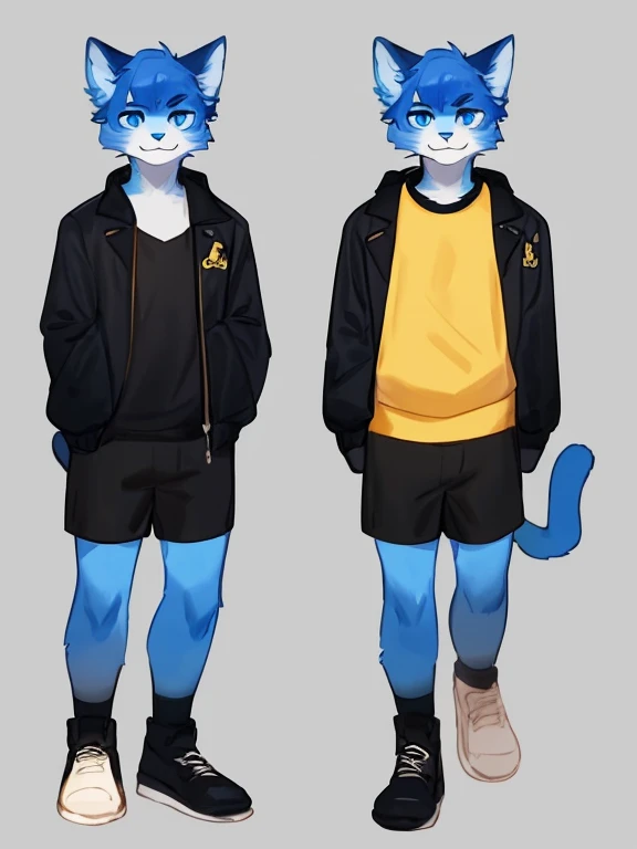 By bebebebebe, by lostgoose, by goonie-san, alone, male, feline, cat, blue fur, blue eyes, black and yellow shirt and jacket, shorts, standing, facing viewer, blue hair with yellow and black,
