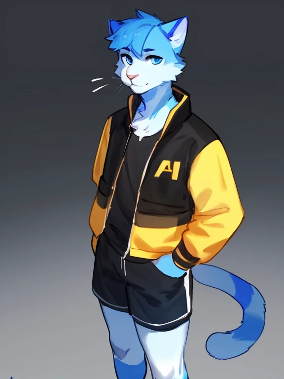 By bebebebebe, by lostgoose, by goonie-san, alone, male, feline, cat, blue fur, blue eyes, black and yellow shirt and jacket, shorts, standing, facing viewer, blue hair with yellow and black,
