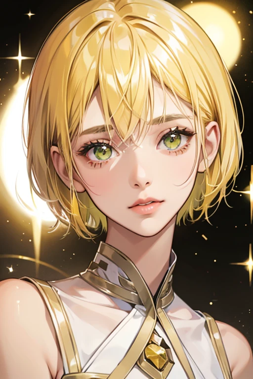 Naomi is a fair-skinned young woman with short bob-cut yellow hair that has bangs hanging on the left side and olive-green eyes. SPARKLE; GLITTER
