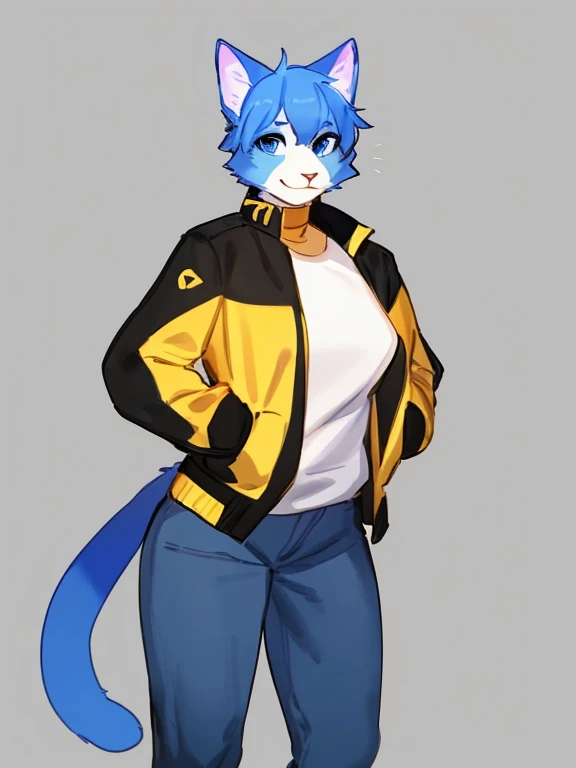 By bebebebebe, by lostgoose, by goonie-san, alone, female, feline, cat, blue fur, blue eyes, black and yellow shirt and jacket, jeans, standing, facing viewer, blue hair(blue and yellow),