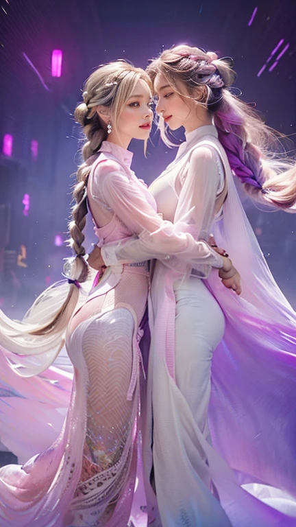 highest quality, Very detailed, masterpiece,hug,Two women hugging each other,(((Perfect female body))),Very beautiful face,Very beautiful body,Gentle expression, Very beautiful eyes,(Perfect Makeup:1.1),Fashion Model,Cyberpunk Fashion,Cinematic Light,Curly Hair,Shaggy Hair, (Drifting in the Wind,White purple gradient long braided chignon hair:1.5),very thin body,Smart Abs,(Monogram pattern:1.3), (((Various patterns,Pink and blue gradient,See-through Bolero,Colorful racing suits:1.3))),anklet,Tech High Top Sneakers,A kind smile,Full body portrait,(Night in Cyber City), (Shiny skin),(Earrings),Long scarf with elegant pattern,Neon long shawl,Digital Feather,LED Signs,Splash Ground,