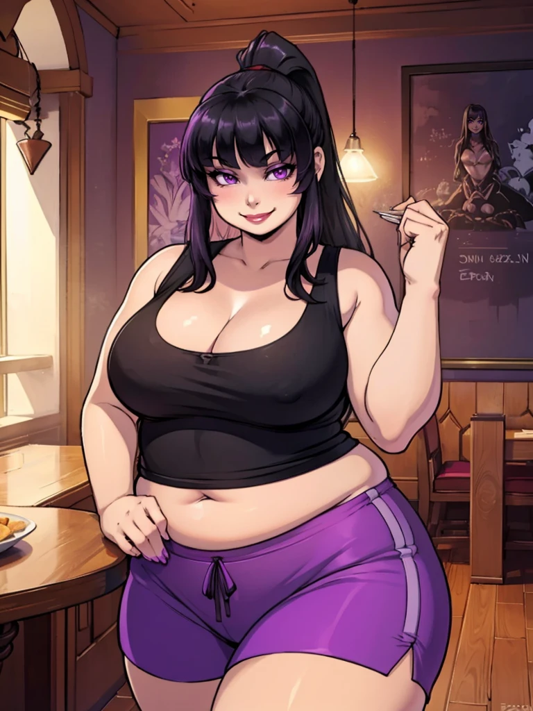 high_aesthetic,art by Lazorchef, ((Masterpiece, best quality, perfect lighting, amazing shading)), perfect anatomy, field of depth, extremely beautiful, long black hair, straight hair, bangs and ponytail, (tight purple gym shorts), ((plump)), purple eyes, black tank top, (goth girl), cute smile, (cleavage), blushing, restaurant background, detailed background