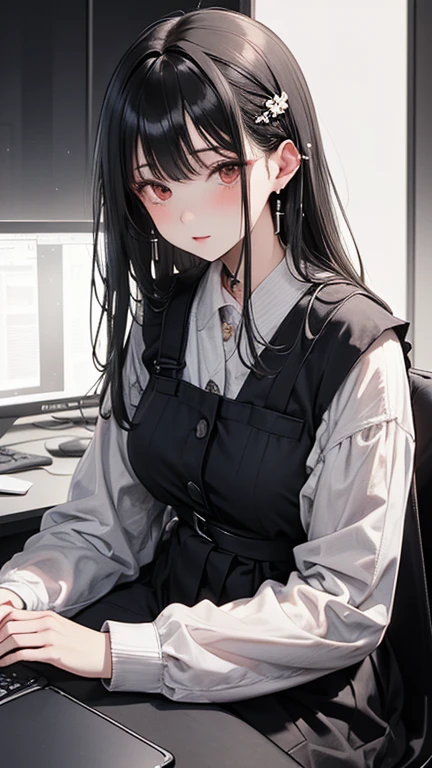 Portrait of a beautiful 18 year old girl, slightly brownish black hair,Black hair that turns brownish when exposed to light。Office Lady。Gorgeous Japanese,  (dark private office, Dark and dark light: 1.2)