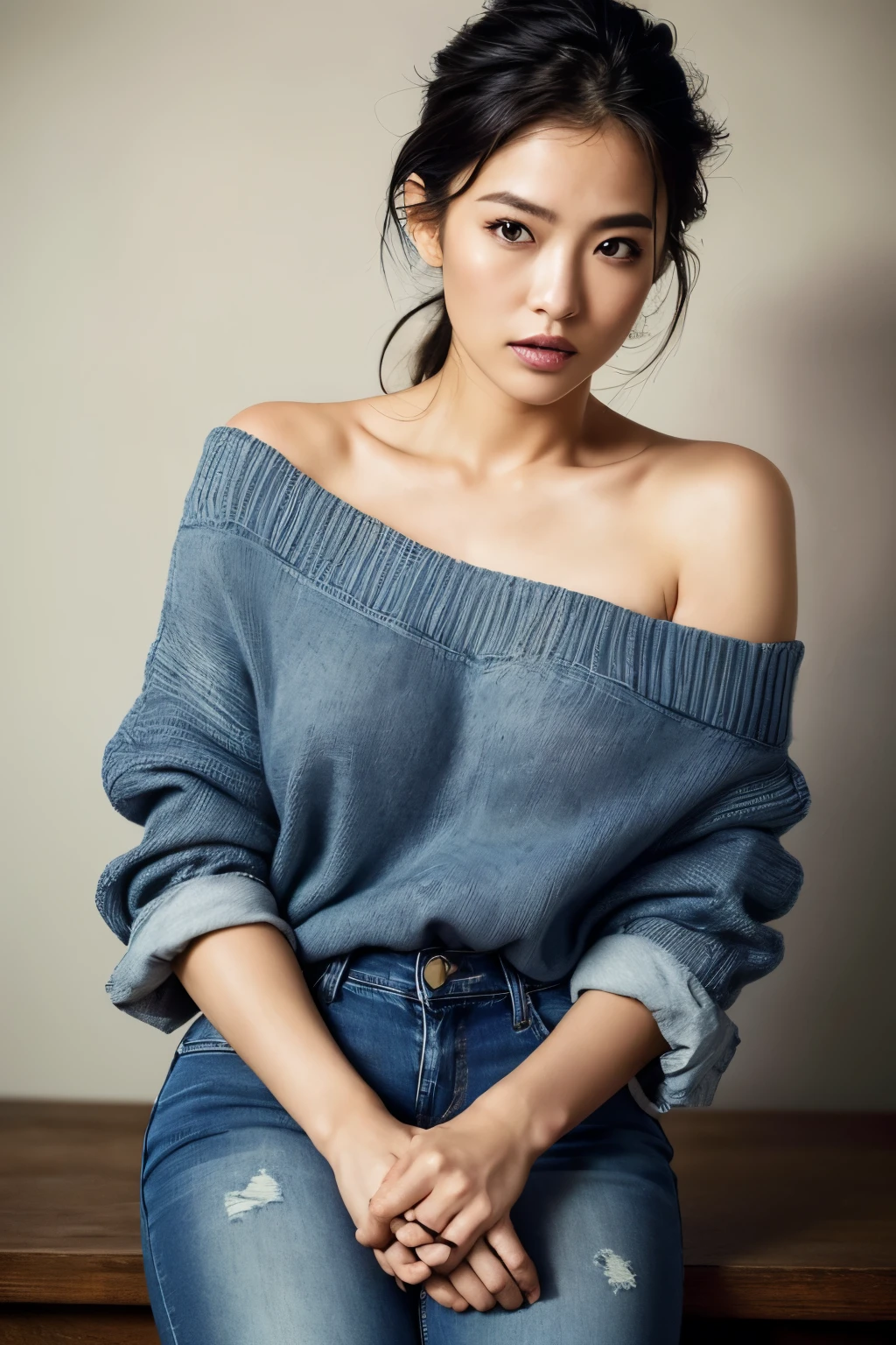 dressed, (photo realistic:1.4), (hyper realistic:1.4), (realistic:1.3),
(smoother lighting:1.05), (increase cinematic lighting quality:0.9), 32K,
1girl,24yo girl, japanese, realistic lighting, backlighting, light on face, ray trace, (brightening light:1.2), (Increase quality:1.4),
(best quality real texture skin:1.4), finely detailed eyes, finely detailed face, finely quality eyes,
(tired and sleepy and satisfied:0.0), full body shot, loose denim jeans, off shoulder sweater
(Increase body line mood:1.1), (Increase skin texture beauty:1.1)