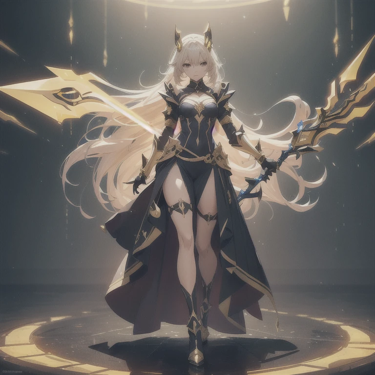 Design a layout showcase Gaming character, (1girl). Golden+Purle clothes, stylish and unique, ((showcase weapon:1.4)), magic staff, (masterpiece:1.2), (best quality), 4k, ultra-detailed, (Step by step design, layout art:1.5), (luminous lighting, atmospheric lighting), magican, ((glove full hands)), (((revealing clothes:1.3))), vambraces, armored legwear, (((full_body_shot:1.4)))