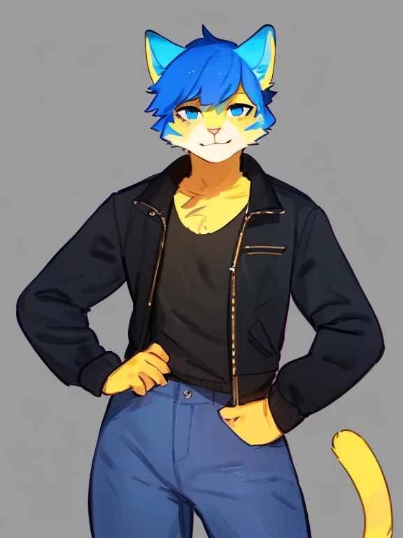 By bebebebebe, by lostgoose, by goonie-san, alone, femboy, feline, cat, blue fur, blue eyes, black and yellow shirt and jacket, jeans, standing, facing viewer, blue hair(blue and yellow),