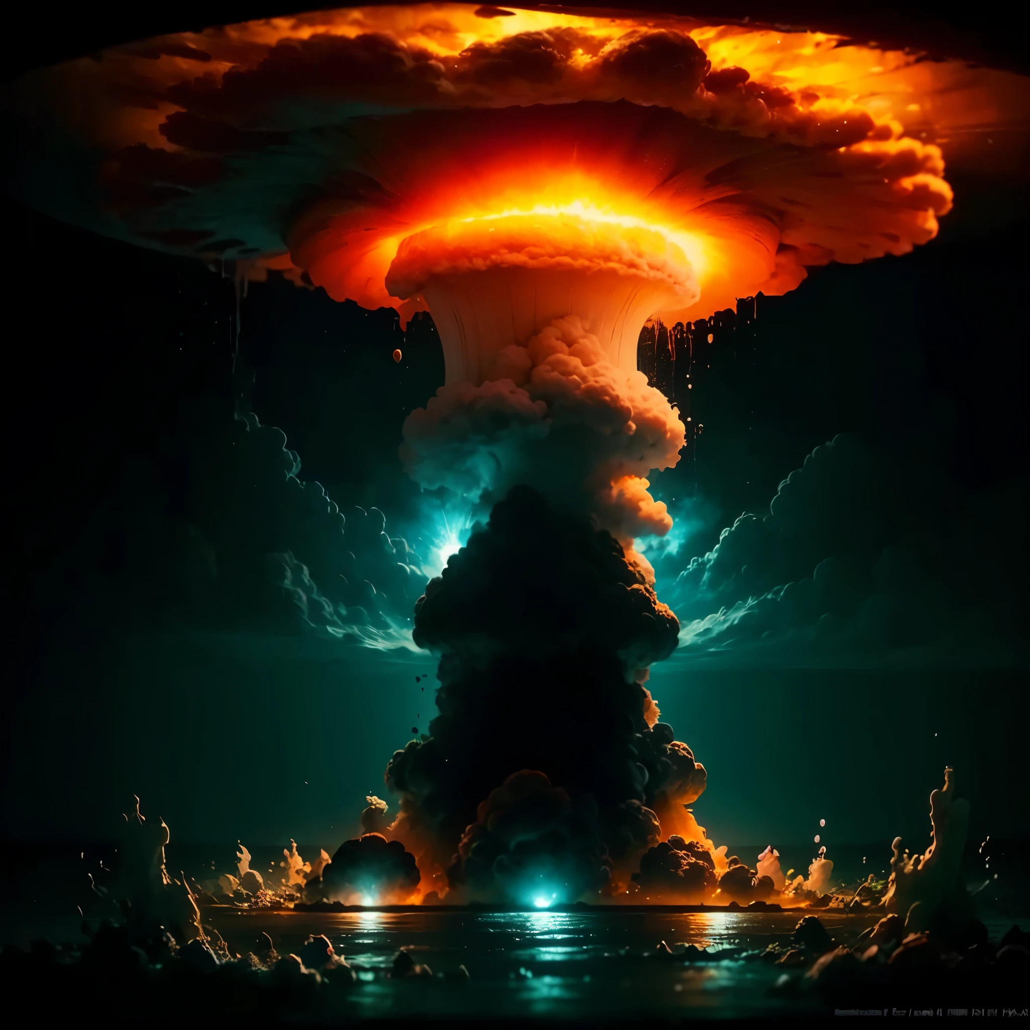A huge nuclear explosion underwater, mushroom cloud, shockwaves, bubbling water, debris, intense light, dramatic clouds, post-apocalyptic, dark and moody atmosphere, cinematic, 8k, highly detailed, photorealistic, award winning photograph, studio lighting, dramatic lighting, HDR, vivid colors, striking contrast, powerful energy, sense of awe and wonder