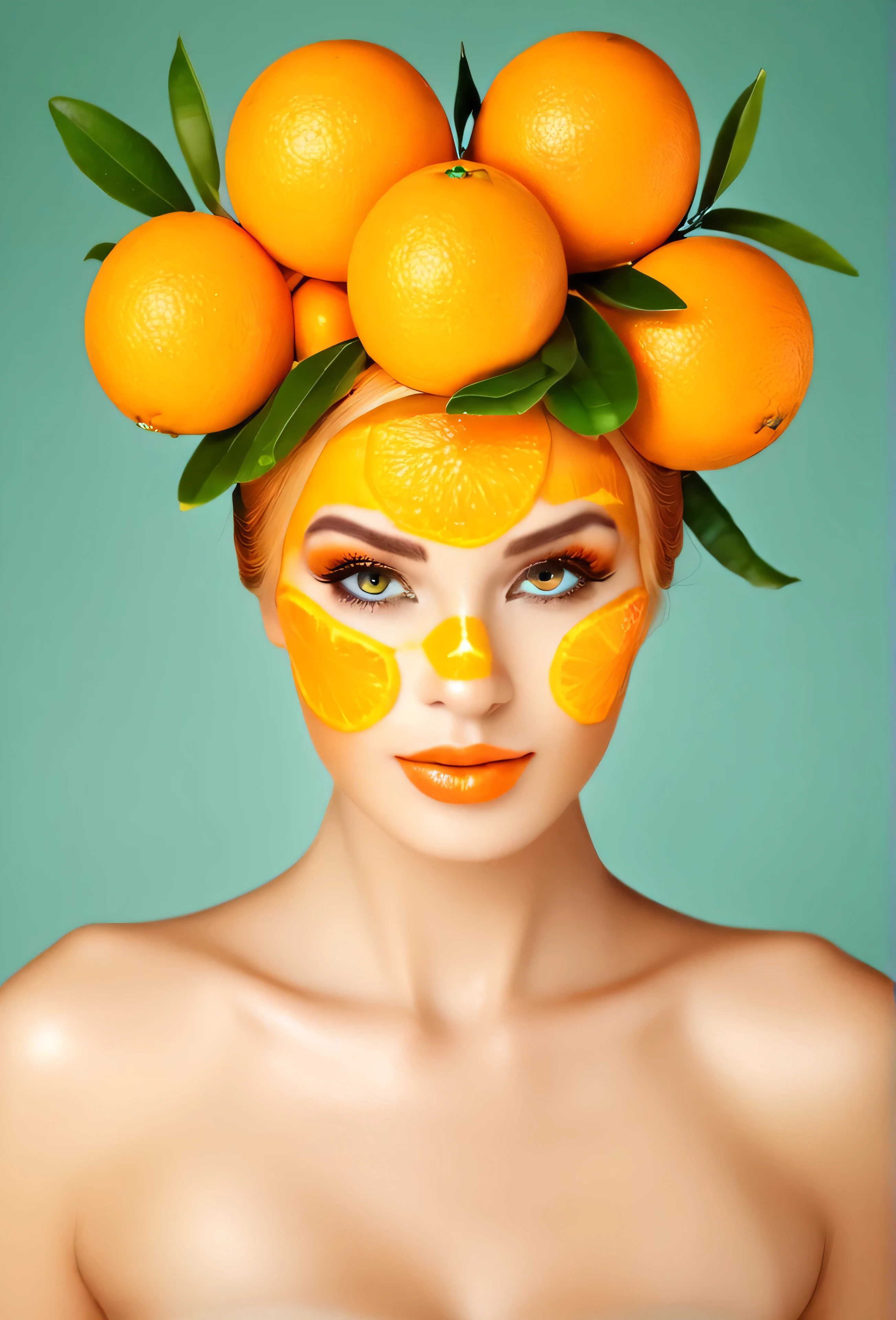 Beautiful lady with oranges on her head. And orang juice on her face 