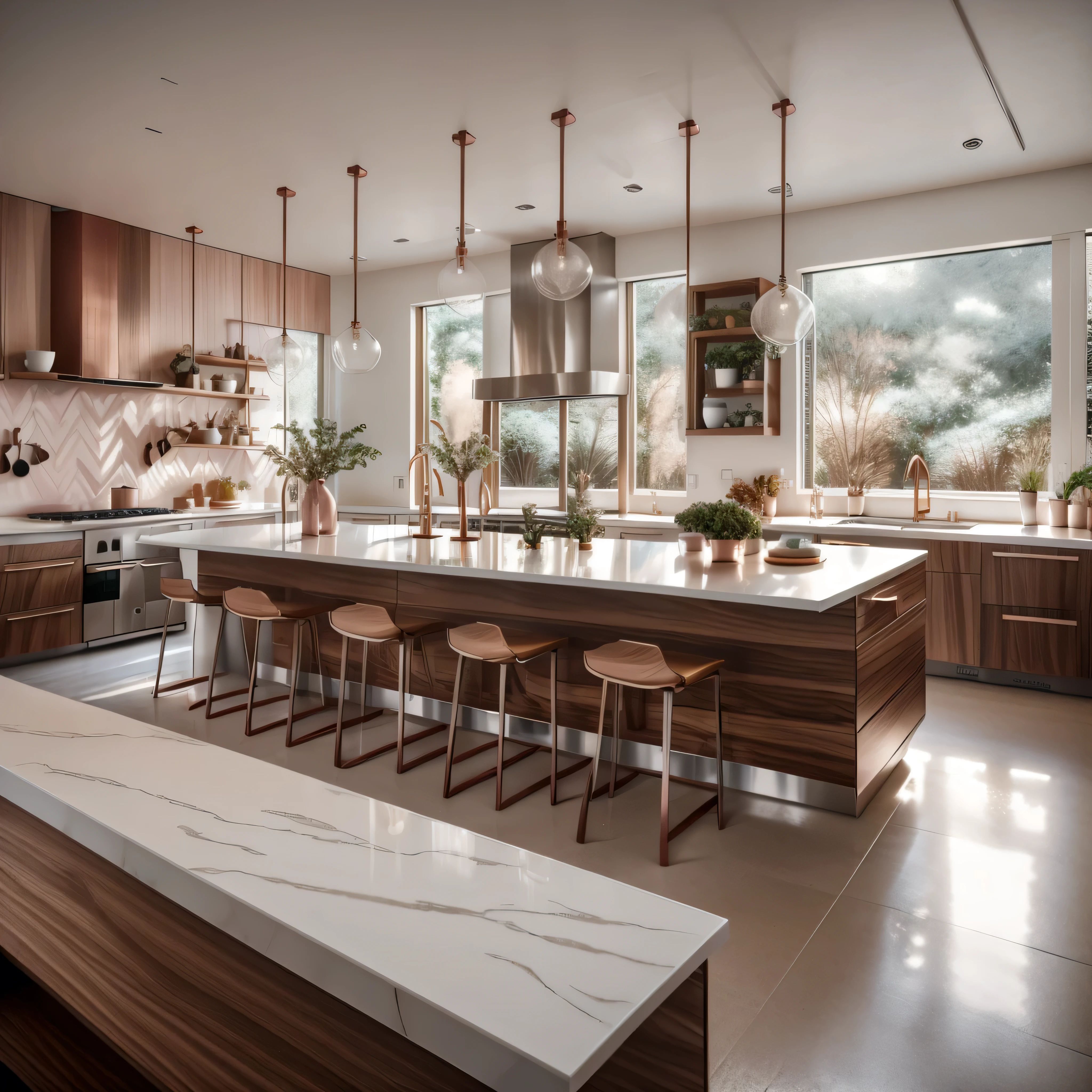 Contemporary chic kitchen featuring white quartz countertops, walnut wood cabinets, pastel pink barstools, stainless steel appliances, copper pendant lights, and a geometric pastel backsplash.