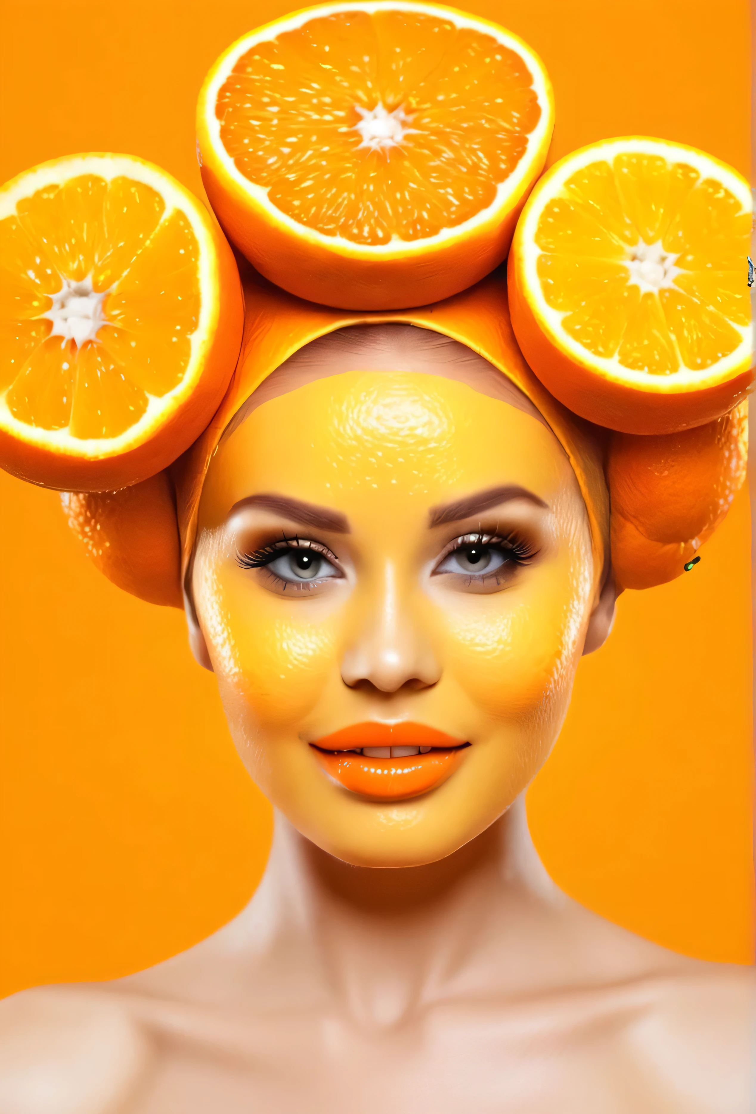 Beautiful lady with oranges on her head. And orang juice on her face 