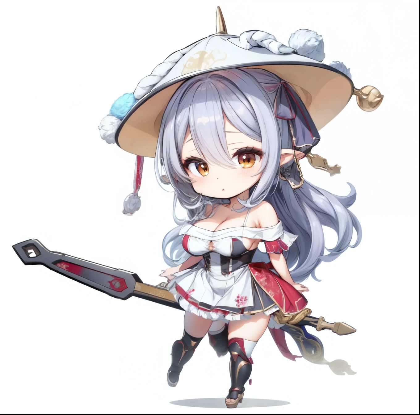 masterpiece, highest quality, scarlet, Long Hair,  Off-the-shoulder maid outfit、Exposing shoulders, Larger breasts、Holding a very long sword、Chibi、Chibiキャラ、Hat on head