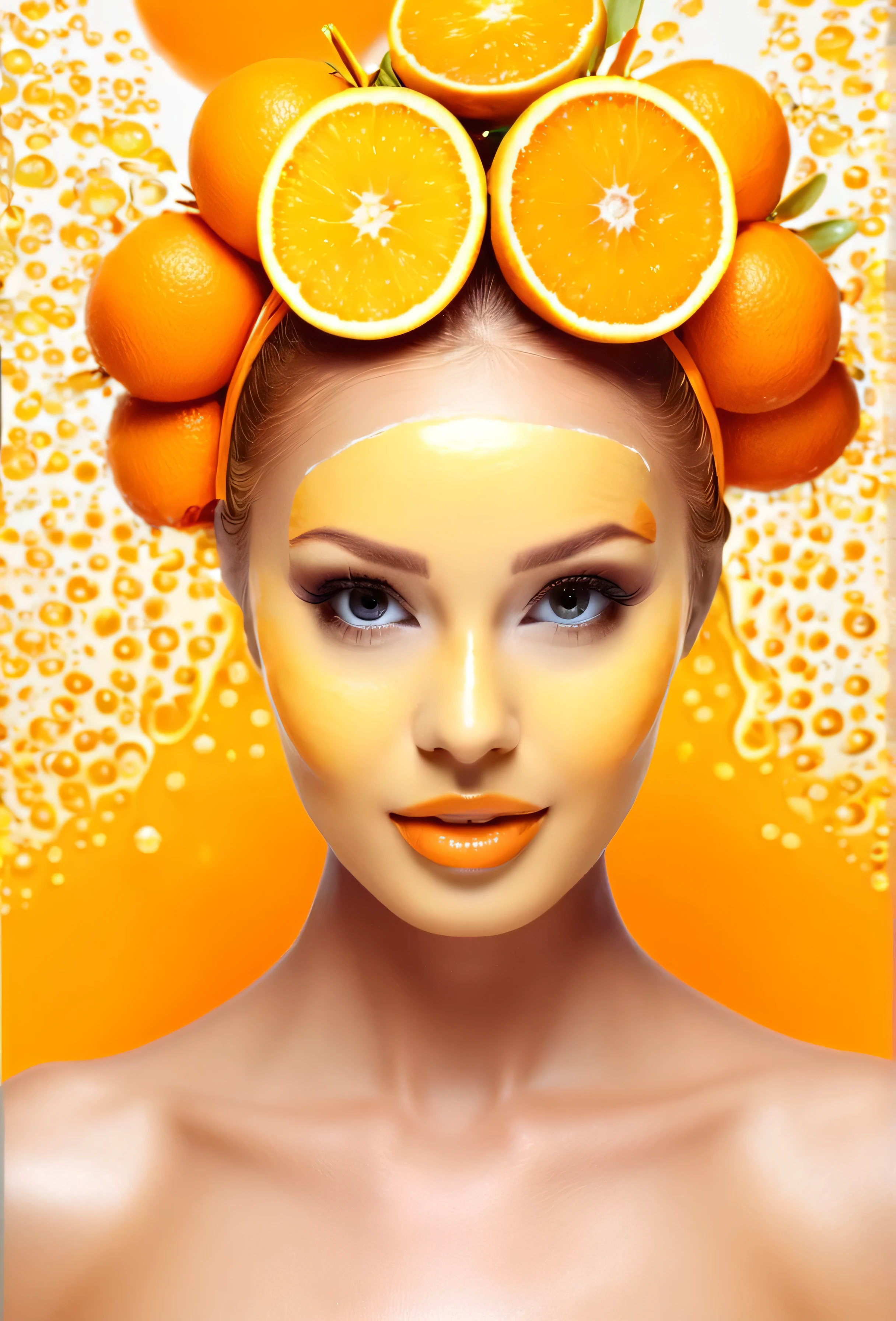 Beautiful lady with oranges on her head. And orang juice on her face 