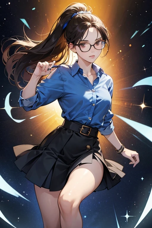 Teacher Suzanne is a fair skinned woman with long black eyes and hair tied into a ponytail and she wears orange glasses. She wears a blue shirt with white buttons and her shirt's sleeves reaches to her elbow. Teacher Suzanne also wears a white ribbon with a bow wrapped around her waist resembling a belt and she wears a long, dark blue skirt that reaches under her knee. Teacher Suzanne wears a brown bracelet. SPARKLE; GLITTER