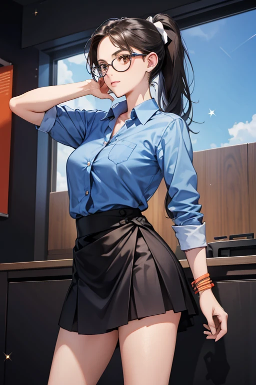 Teacher Suzanne is a fair skinned woman with long black eyes and hair tied into a ponytail and she wears orange glasses. She wears a blue shirt with white buttons and her shirt's sleeves reaches to her elbow. Teacher Suzanne also wears a white ribbon with a bow wrapped around her waist resembling a belt and she wears a long, dark blue skirt that reaches under her knee. Teacher Suzanne wears a brown bracelet. SPARKLE; GLITTER