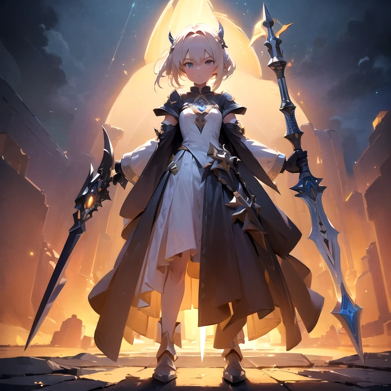 Design a layout showcase Gaming character, (1girl). Golden+Purle clothes, stylish and unique, ((showcase weapon:1.4)), magic staff, (masterpiece:1.2), (best quality), 4k, ultra-detailed, (Step by step design, layout art:1.5), (luminous lighting, atmospheric lighting), magican, ((glove full hands)), (((revealing clothes:1.3))), vambraces, armored legwear, (((full_body_shot:1.4)))