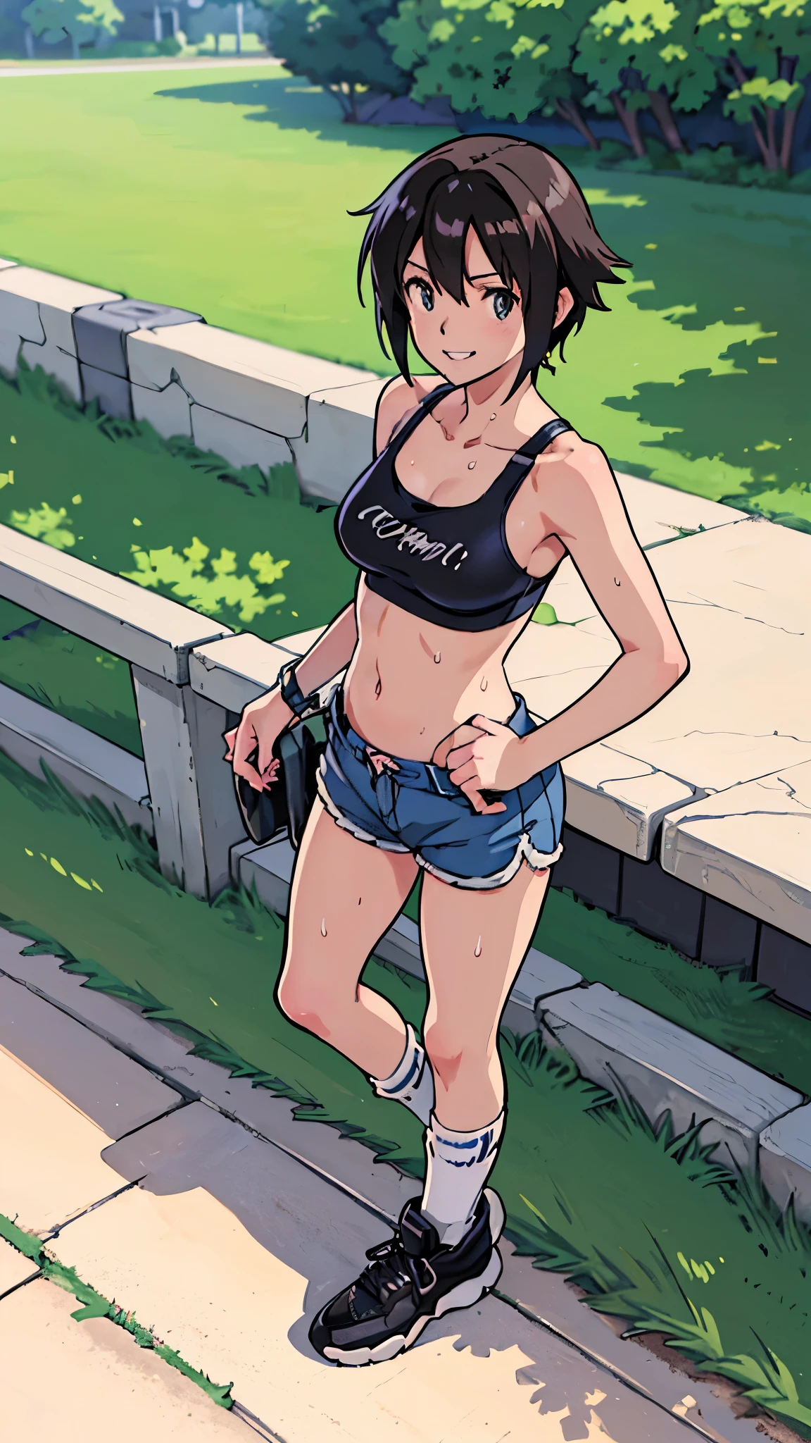 Beautiful Wife、Running、T-Shirts、Tight fitting shorts、Sweating、sneakerasterpiece、Plump Japanese、4K resolution、Wet and glowing body、short hair、naughty body、smile、Wet wavy hair、garden