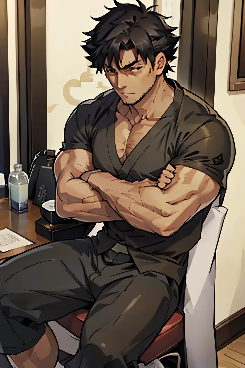 Kiritsugu is sitting and showing his biceps. He wears black shorts. You can see his thighs. He looks stoic and serious. He has bulging veins on his arms. He is shirtless.