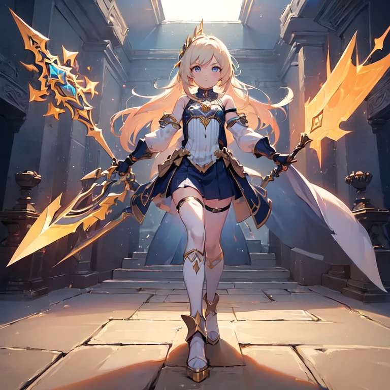 Design a layout showcase Gaming character, (1girl). Golden+Purle clothes, stylish and unique, ((showcase weapon:1.4)), magic staff, (masterpiece:1.2), (best quality), 4k, ultra-detailed, (Step by step design, layout art:1.5), (luminous lighting, atmospheric lighting), magican, ((glove full hands)), (((revealing clothes:1.3))), vambraces, armored legwear, (((full_body_shot:1.4)))