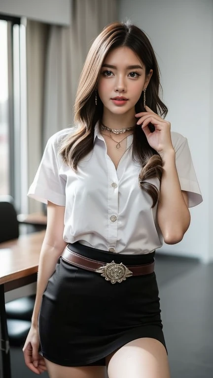 (High resolution 8K, Masterpiece, best quality. Just one complicated detail, chromatic aberration.) As a matter of fact ((chest)) hair in one eye, purple eyes, big round hoop earrings, sharp eyes, Diamond choker, red gemstone necklace. ,(symmetrical eyes),(Perfect symmetrical body),(Photo of a beautiful 21 year old girl),Beautiful and charming illustrations of contemporary fashion through the eyes of the viewer.. ((Behind the scenes of a large classroom)) , (black short skirt), (((He wore a white short-sleeved shirt that was completely unbuttoned.. เปิดเสื้อโชว์chest, no bra), (openly), (Soft chest))), ((black shorts) Pencil skirt with deep slit on the side..) (leather belt, long square belt buckle) ((Put your hands down.)) (golden bob, side bangs, golden hair (There is a thin layer of hair covering the face..)), sharp eyeliner, Blush eyeshadow with thick eyelashes, Very delicate and beautiful, round chin, Sharp focus, luxurious, Open your legs on the study table.. Turn your head with your legs open so they are at eye level.. Open your legs and lift your right leg over your left leg.. Let your legs be at natural eye level., chestของคุณเล็ก, Your legs are slightly apart in a dynamic pose.. University outfit
