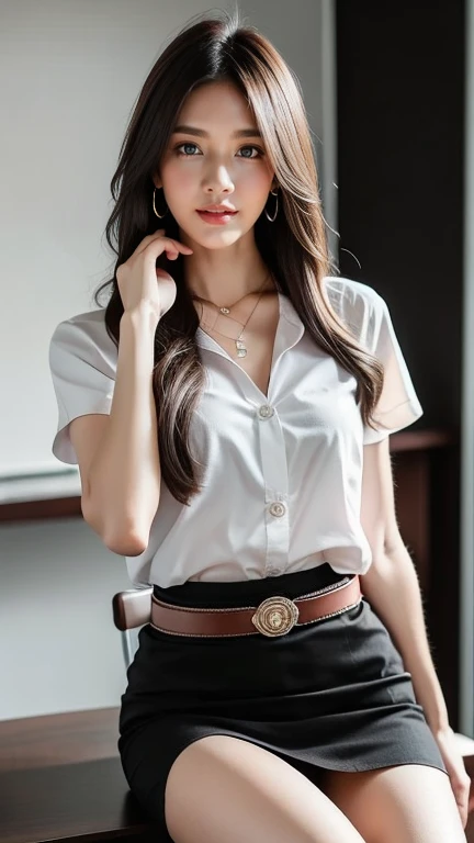 (High resolution 8K, Masterpiece, best quality. Just one complicated detail, chromatic aberration.) As a matter of fact ((chest)) hair in one eye, purple eyes, big round hoop earrings, sharp eyes, Diamond choker, red gemstone necklace. ,(symmetrical eyes),(Perfect symmetrical body),(Photo of a beautiful 21 year old girl),Beautiful and charming illustrations of contemporary fashion through the eyes of the viewer.. ((Behind the scenes of a large classroom)) , (black short skirt), (((He wore a white short-sleeved shirt that was completely unbuttoned.. เปิดเสื้อโชว์chest, no bra), (openly), (Soft chest))), ((black shorts) Pencil skirt with deep slit on the side..) (leather belt, long square belt buckle) ((Put your hands down.)) (golden bob, side bangs, golden hair (There is a thin layer of hair covering the face..)), sharp eyeliner, Blush eyeshadow with thick eyelashes, Very delicate and beautiful, round chin, Sharp focus, luxurious, Open your legs on the study table.. Turn your head with your legs open so they are at eye level.. Open your legs and lift your right leg over your left leg.. Let your legs be at natural eye level., chestของคุณเล็ก, Your legs are slightly apart in a dynamic pose.. University outfit