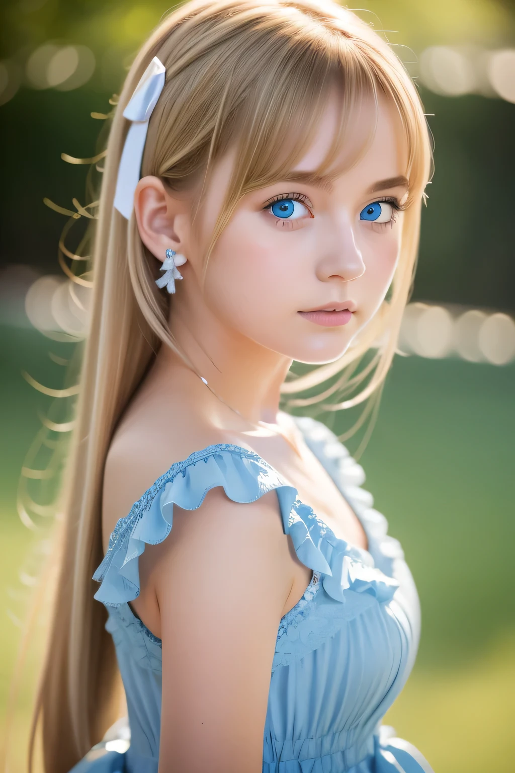 (Ultra-detailed), Cute light blue princess dress,(Frill dress),(Short sleeve),blue eyes,Upper Body、Close-up、face、Cute smile,Facing forward, 20-year-old, Teenage Girl,No tail,(No tail),2D, masterpiece, highest quality, And soul, Detailed Eyes, Big, bright, light blue eyes that shine beautifully、Detailed face, With a girl, Only one person,Blonde super long hair, (Blonde),  Ear hair, , Single Blade, (Single Blade), (Side Blade), Pink ribbon, Ribbon on neck, (White sleeves), Background bokeh