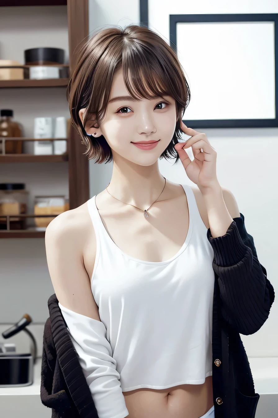 205 ((short hair)), 20-year-old female, In underwear、Put a cardigan over your shoulders、 A refreshing smile、Beautiful teeth alignment、Dark eyeliner、Dark brown hair、ear piercing、Necklace around the neck、Looking at the camera