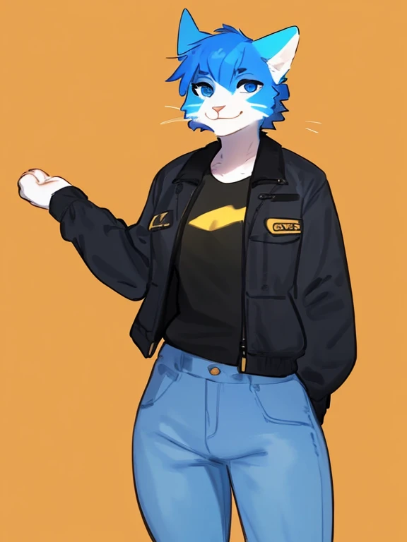 By bebebebebe, by lostgoose, by goonie-san, alone, female, feline, cat, blue fur, blue eyes, black and yellow shirt and jacket, jeans, standing, facing viewer, blue hair(blue and yellow),((( CON el nombre max a lado de la imagen))),