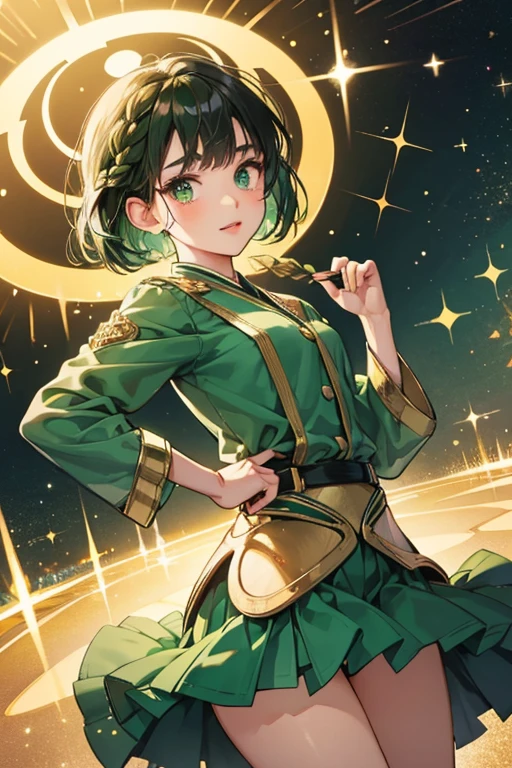 Wakaba is a fair-skinned girl with green eyes and dark green short, bob-cut hair with a fringe brushed to the left side and a braid held by a golden circle clip. SPARKLE; GLITTER