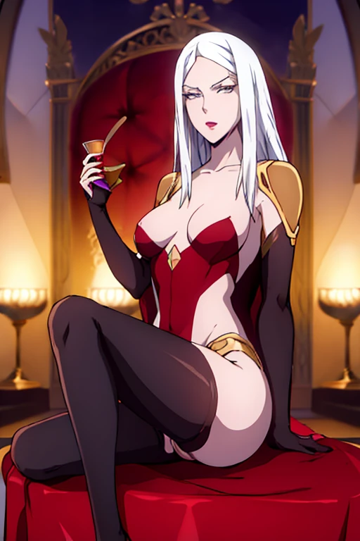 carmilla, pechos medianos, vestido negro, pelo blanco, hermoso rostro, ojos azules, (Obra maestra:1.2), Mejor calidad, absurdos, high resolution, fondo de pantalla extremadamente detallado, perfect lighting, Desde abajo, medias, stockings, tacones, hig heels, pussy, nsfw,+18