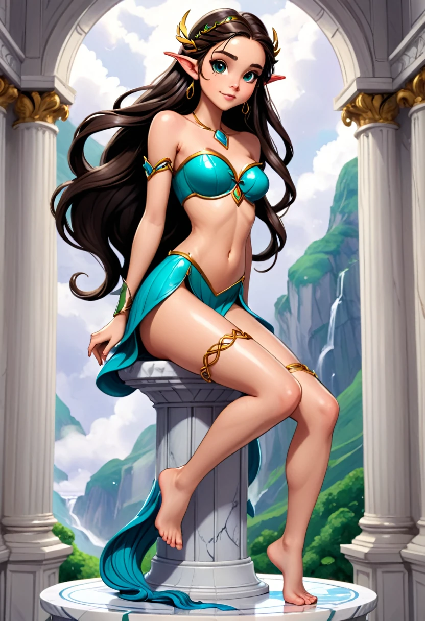 Naked Elf princess sitting on a high pedestal playfully but with an air of royalty, legs dangling over the edge.  She has long brunette hair that’s in braids.  She’s in a marble art room
