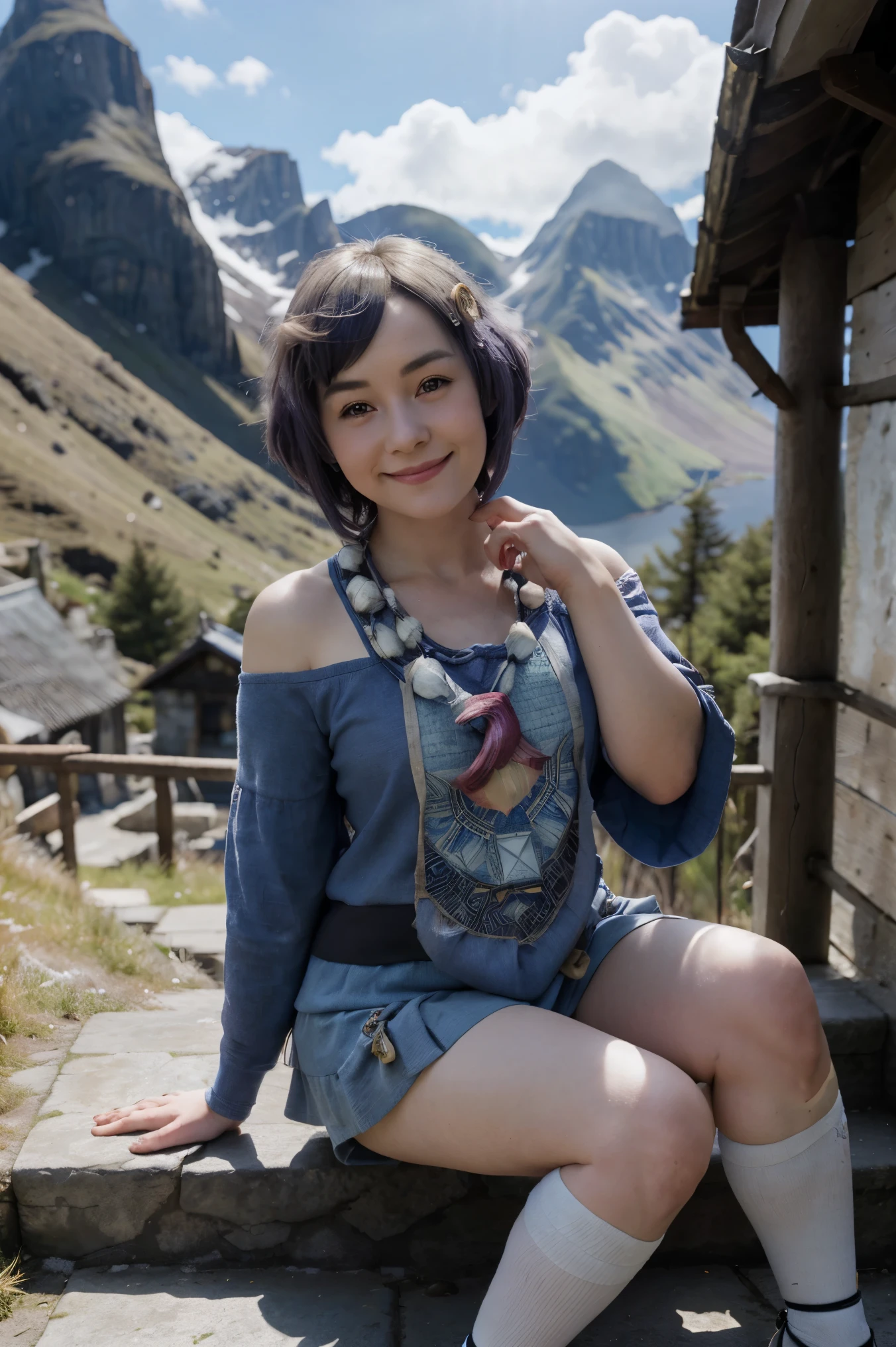 Tsitsidev, full - body, sitting, Smile, blusher, exteriors, Day, Simple background, blue skies, Short hair, skye, temple, looking a viewer, sitting on a staircase, mountain, moody lighting,chibi, girl,10years