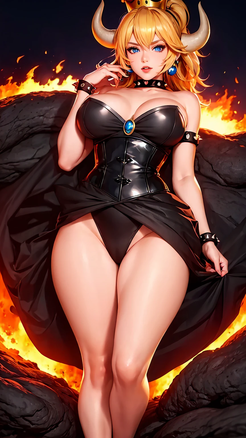 ((high detailed, best quality, 4k, masterpiece, hd:1.3)), ((best quality)), (((HD))), (((8k))), (ultraDH), (ultra HD), Princess Daisy, blue eyes, BREAK blue eyes, seductive, attractive, smooth anime cg art, 36C breasts, long legs, vivid colors, detailed digital art, slim body, perfect skin, dark blonde hair, long hair, blonde hair, blonde hair, BREAK crown, cleavage, 36C cleavage, looking at viewer, BREAK looking at viewer, extremely detailed face, red santa suit, red santa claus suit, santa claus suit, earrings, gem, dark black makeup lips, dark gothic eyeshadows, dark eyeshadows, black eyeshadows, black sexy lips, black lips, (dark:1.2), dark lips, very dark lips, (perfect hands, perfect anatomy), black makeup, black medium lips, black thick lips, detailed fingers, five fingers per hand, 5 fingers, (1 girl), detailed lips, detailed black lips, black painted lips, gothic painted lips, BREAK night, night sky, (breast focus), (arms outstreched:1.2), (from above:1.1), (breasts out:1.3), (off shoulder:1.1), (white horns), (corset), inside a lava castle, she inside a sea of lava, she bathing in lava, full body, perfect long legs, perfect foots, legs and foots into the lava, (((gigantic breasts))), (((breasts looking at viewer)))