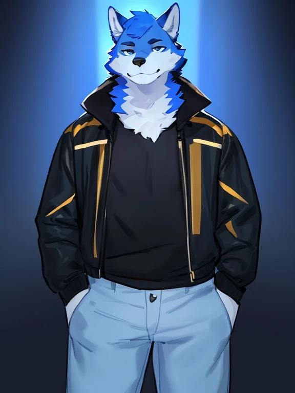 By bebebebebe, by lostgoose, by goonie-san, alone, man, wolf, blue and white fur, blue eyes, black and yellow shirt and jacket, jeans, standing, facing viewer, blue hair alborotado with yellow and black, anthro furry ,
