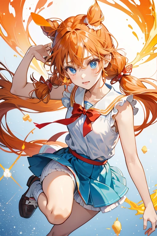 Yoshimi is a girl with light-orange hair tied into waist length pigtails by red and white bows.
Her consists of a white short sleeved shirt layered by a blue sleeveless top, red bow, a white skirt, socks, and brown shoes. Yoshimi also have light blue eyes. SPARKLE; GLITTER