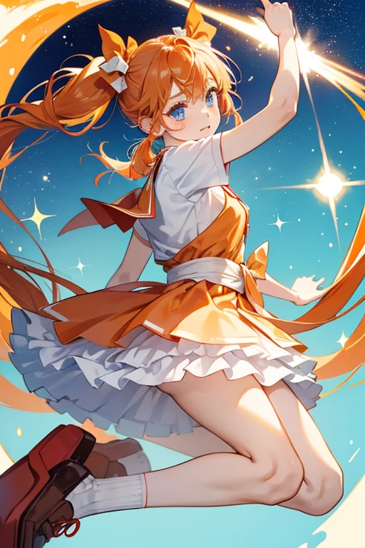 Yoshimi is a girl with light-orange hair tied into waist length pigtails by red and white bows.
Her consists of a white short sleeved shirt layered by a blue sleeveless top, red bow, a white skirt, socks, and brown shoes. Yoshimi also have light blue eyes. SPARKLE; GLITTER