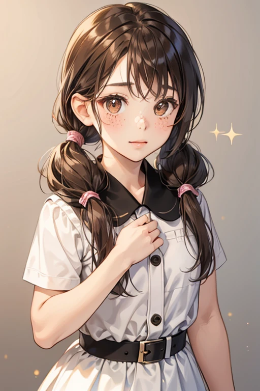 Yui is a freckled, fair skinned girl with dark brown eyes and brown hair tied into low, chest-length pigtails. Her bangs are divided into two sections and both of the section are brushed apart from the middle. SPARKLE; GLITTER