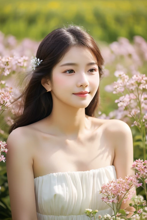 Top quality, masterpiece, ultra high resolution, (photorealistic:1.4), raw photo, 1mother 35 years old, round face and diamond chin, white dress, bare shoulders,standing in a field of blooming flowers, glowing skin, faint smile