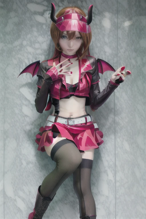 1girl, meiko, red_nails, solo, long hair, hllwngm outfit, pink visor cap, headset, black collar, pink demon wings, demon tail, demon horns, cropped jacket, open jacket, crop top, cleavage, suspenders , black detached sleeves, black fingerless gloves , pink layered miniskirt, black waist apron , brown thighhighs, black knee boots, anime