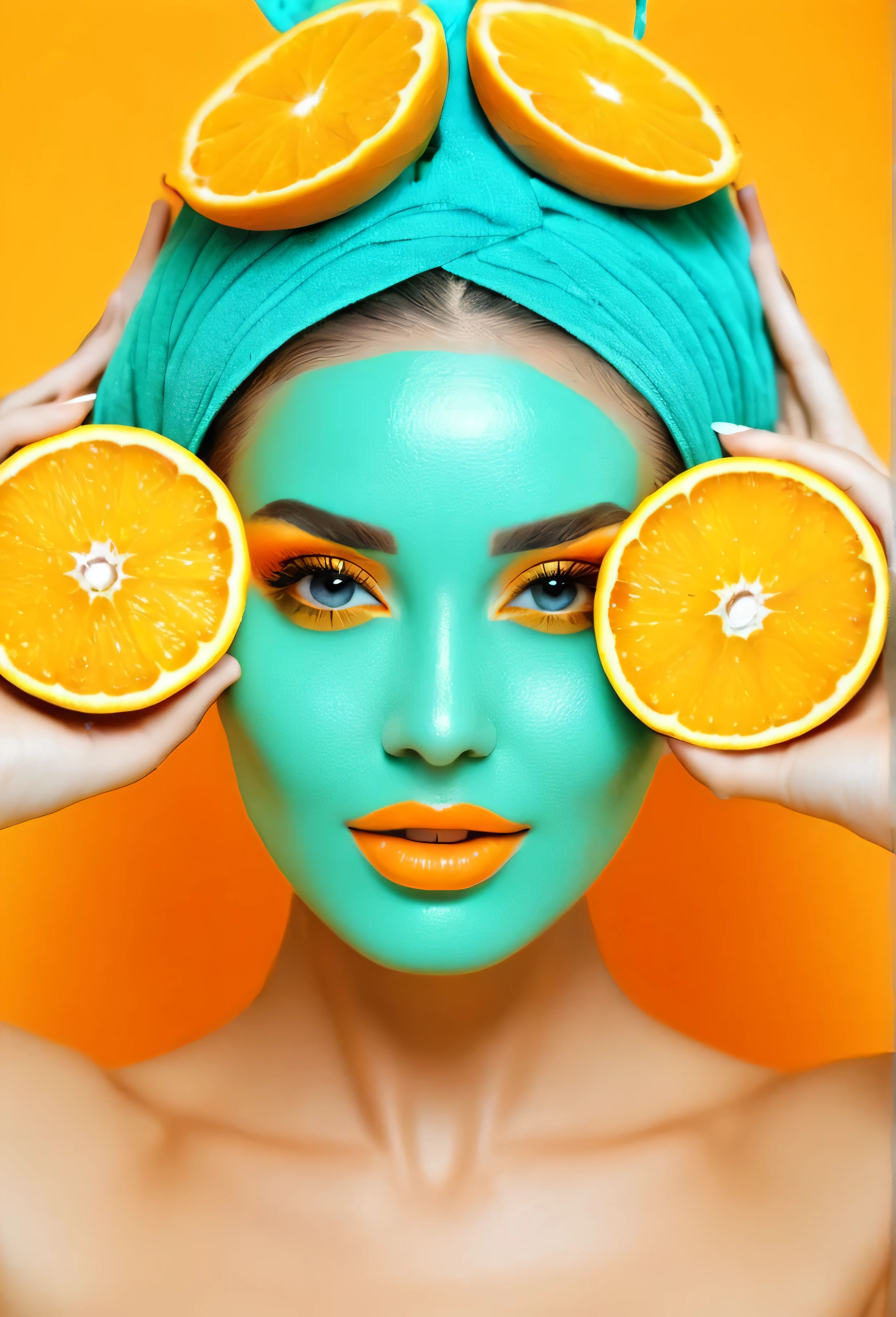 Beautiful lady with oranges on her head. And turquoise juice on her face