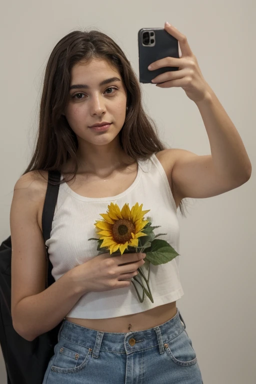 Araffe is taking a selfie of a woman with a sunflower,  de 19 anos, 18 anos de idade, ela tem cerca de 2 0 anos, ela tem cerca de 20 anos, ayahausca, mulher de 30 anos, Mulher de 3 0 anos, 1 6 anos, Mulher de 30 anos de Cuba