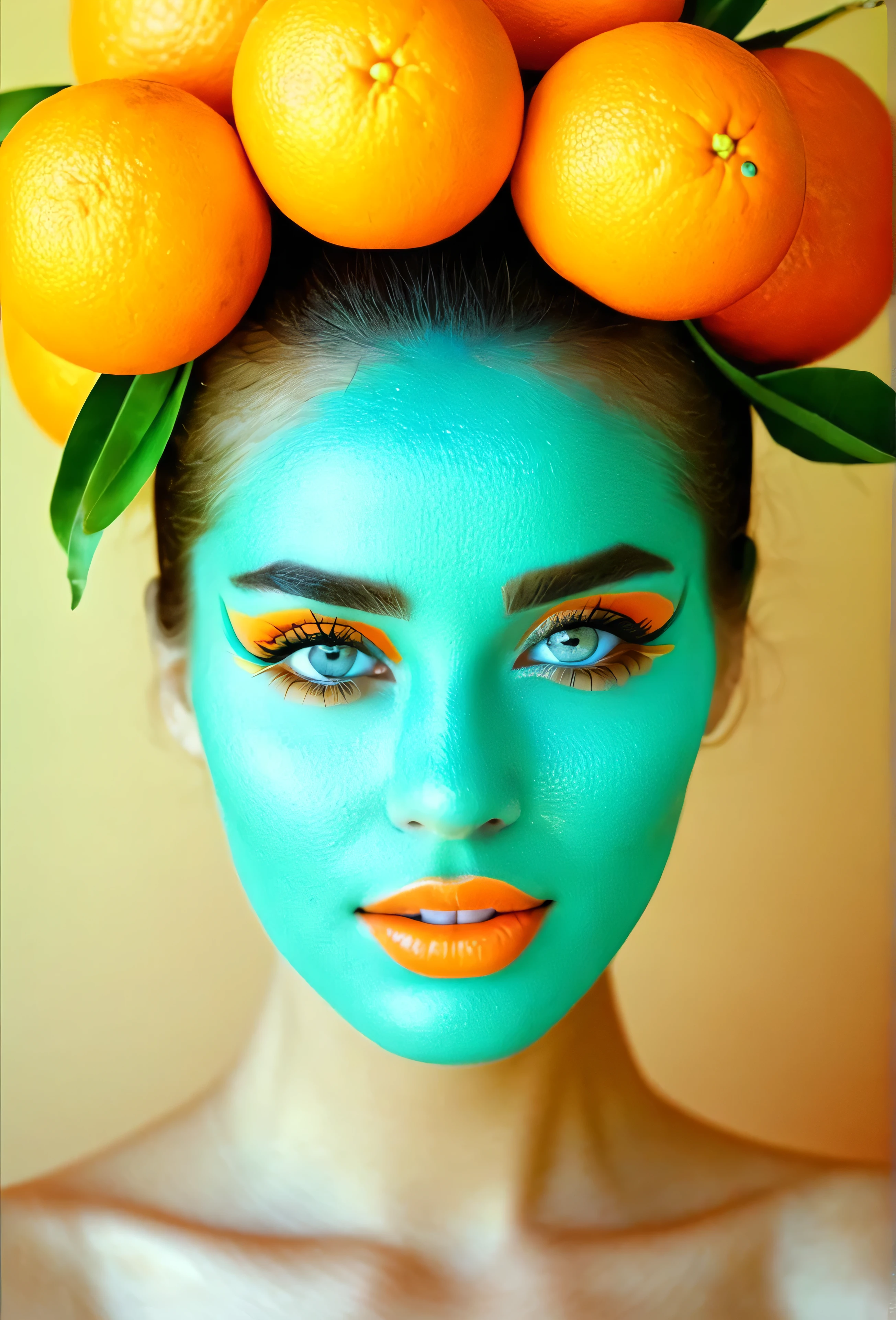 Beautiful lady with oranges on her head. And turquoise juice on her face 