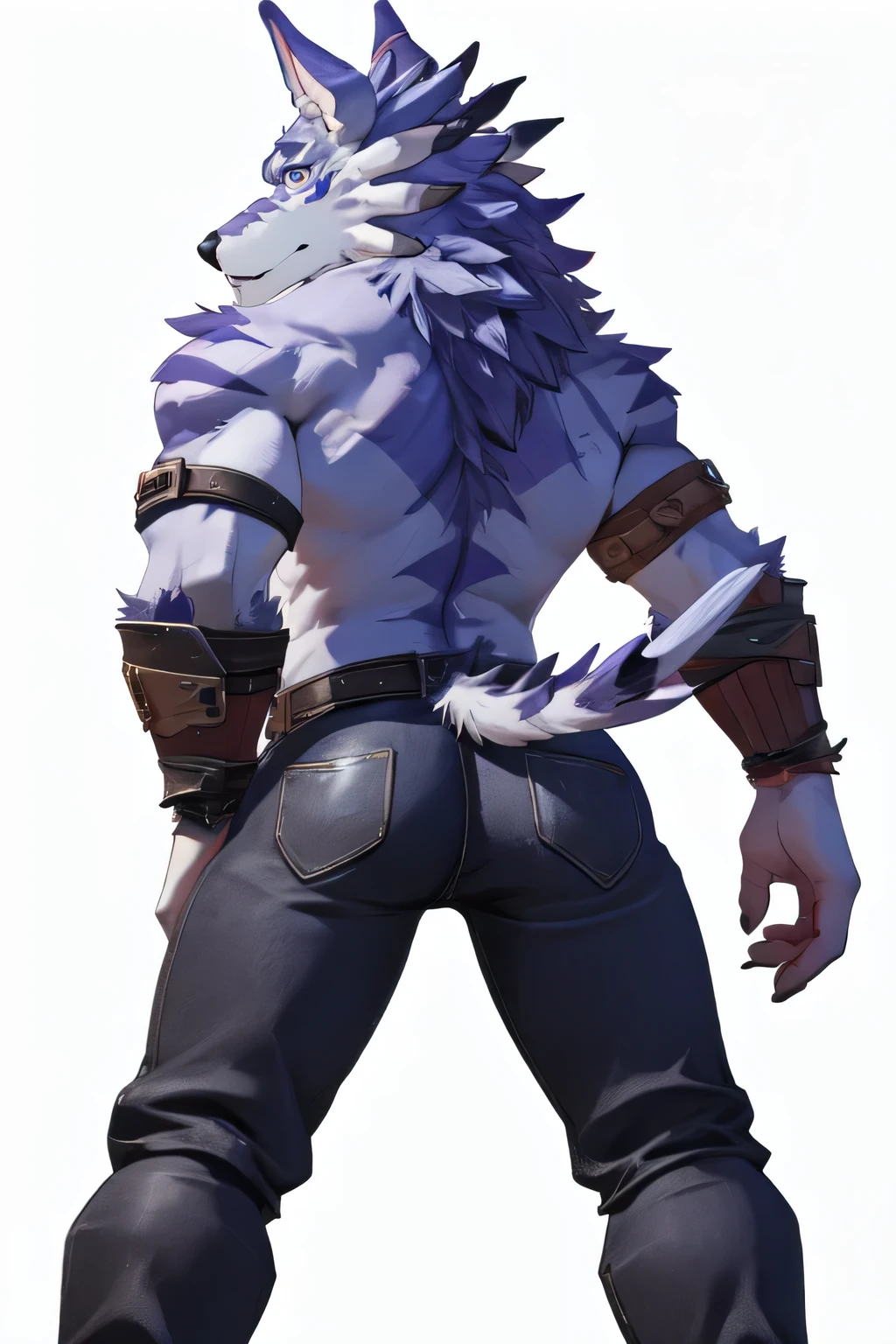 weregarurumon, dat ass, looking at viewer, only pants, jeans, rear view, topless, big butt, pose, seductive,