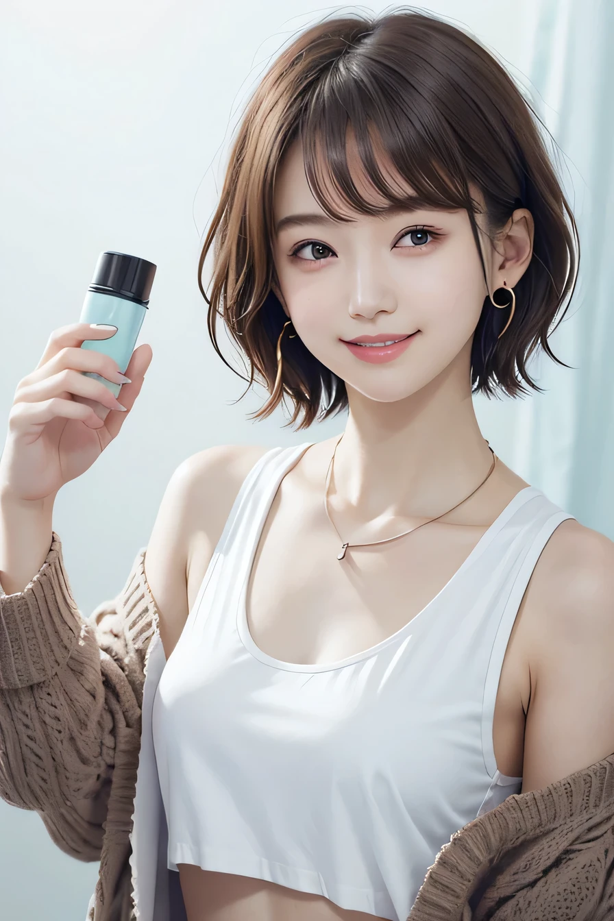 205 ((short hair)), 20-year-old female, In underwear、Put a cardigan over your shoulders、 A refreshing smile、Dark eyeliner、Mask on mouth、Dark brown hair、ear piercing、Necklace around the neck