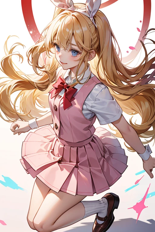 Yume has long light blonde hair that frames her face in the front and curls at the sides and back. Her consists of a white shirt with dark pink cuffs, a red bow tie and four buttons, as well as a dark pink pleated skirt, a red ribbon, white socks and coffee brown Mary Jane shoes. As for her summer uniform, she wears a short-sleeved shirt with a light blue vest and a creamy white skirt with a red hem at the bottom. SPARKLE; GLITTER
