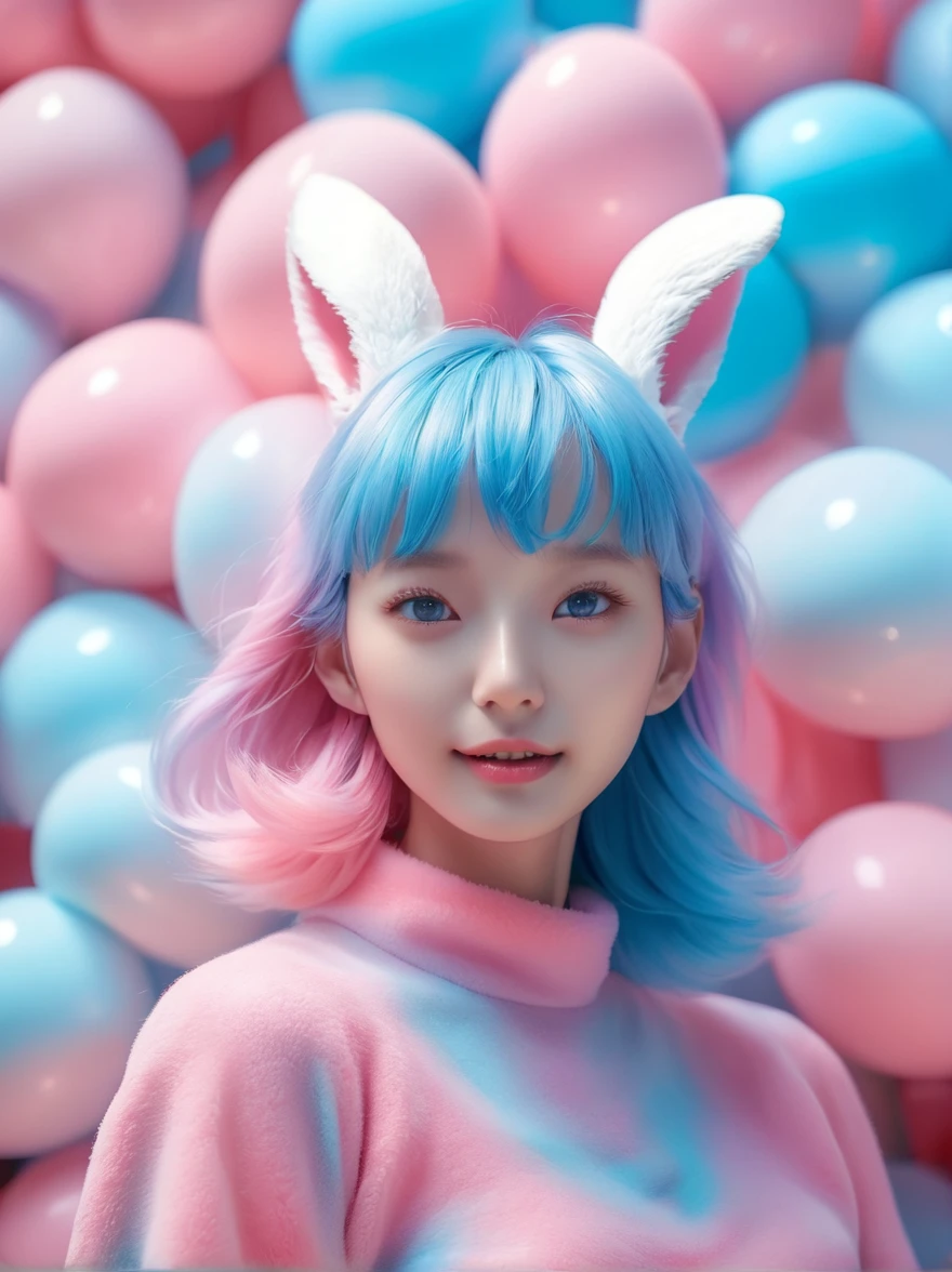 (超Reality:1.4)，(((Full body shot:1.5)))，original，emotion，dynamic，扭曲emotion效果，Energetic，Use unusual colors，Lovely photography，(Reality，Photo Realism:1.4)，Stylized image of a bunny made of pink and blue cotton candy，Fantastic，Delicate eyes，Delicate face，Delicate skin，，light smile, fang, Surrealism, drop shadow, anaglyph, stereogram, tachi-e, pov, atmospheric perspective, 8k, super detail, ccurate, best quality, anatomically correct, textured skin