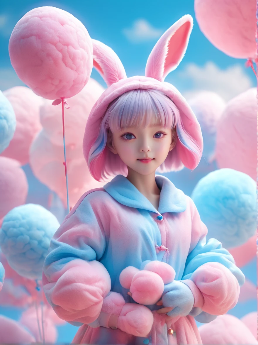 (超Reality:1.4),(((Full body shot:1.5))),original,emotion,dynamic,扭曲emotion效果,Energetic,Use unusual colors,Lovely photography,(Reality,Photo Realism:1.4),Stylized image of a bunny made of pink and blue cotton candy,Fantastic,Delicate eyes,Delicate face,Delicate skin,,light smile, fang, Surrealism, drop shadow, anaglyph, stereogram, tachi-e, pov, atmospheric perspective, 8k, super detail, ccurate, best quality, anatomically correct, textured skin