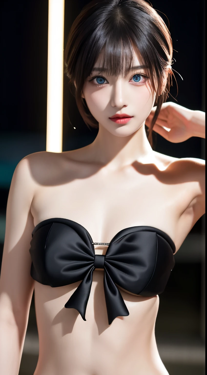 masterpiece, beautiful girl, detailed, Beautiful eyes, (Wear a revealing strapless micro bikini.:1.6)、highest quality, 超A high resolution, (reality: 1.4), Original photo, One Girl, Cinema Lighting, (Laughter:0.6), Japanese, Asian Beauty, Korean, Proper, Truly beautiful, A slightly younger face, Beautiful skins,Orange Hair、 slim and small breasts, Wear a strapless micro bikini that flatters your body line:1.6、Night view background, (超reality的な), (Raise your consciousness), (High resolution), (8k), (非常にdetailedな), (The best Raise your consciousnessns), (Beautiful and detailed eyes), (超detailedな), (wallpaper), (detailedな顔), Looking at the audience, 細かいdetailed, detailedな顔、Deep Shadow、Inconspicuous、Pure erotic face ace_v1、46 point diagonal bangs、Look straight ahead、I can see her small breasts, Flat Chest、Eye color: black、