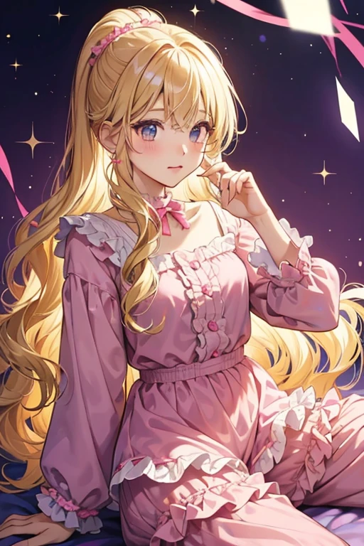 Yume has long light blonde hair that frames her face in the front and curls at the sides and back. Her pajamas consist of a pink frilly long-sleeved shirt with pink knee-length pants with a white frilled trim.  SPARKLE; GLITTER