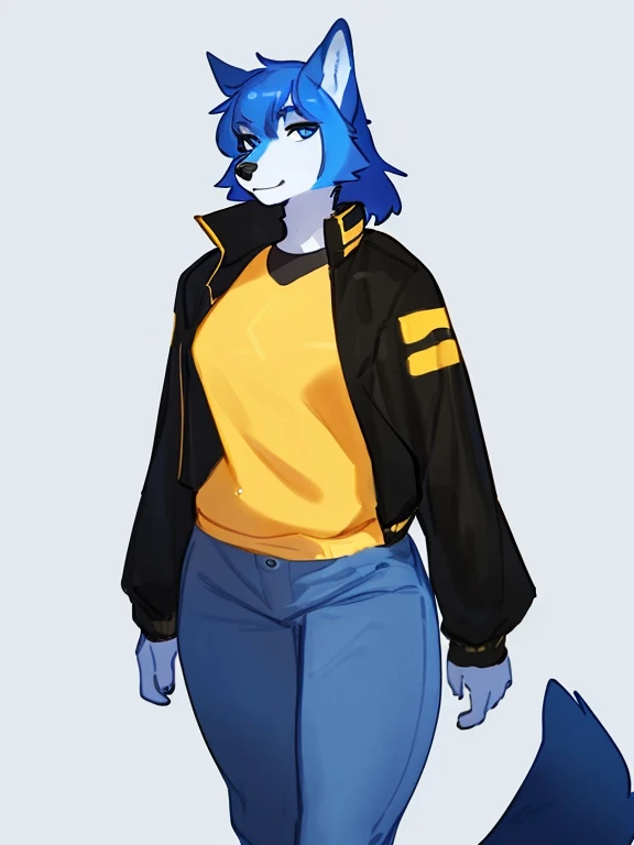 By bebebebebe, by lostgoose, by goonie-san, alone,female, wolf, blue and white fur, blue eyes, black and yellow shirt and jacket, jeans, standing, facing viewer, ((blue hair alborotado with yellow and black, anthro furry)),cabello,
